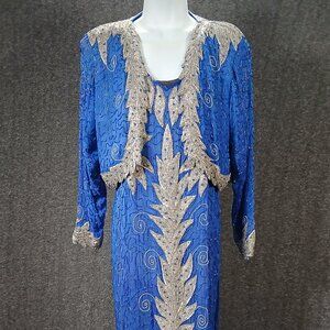 Vintage Tanchi Beaded Art Deco Evening Dress with Matching Jacket – Cobalt Blue